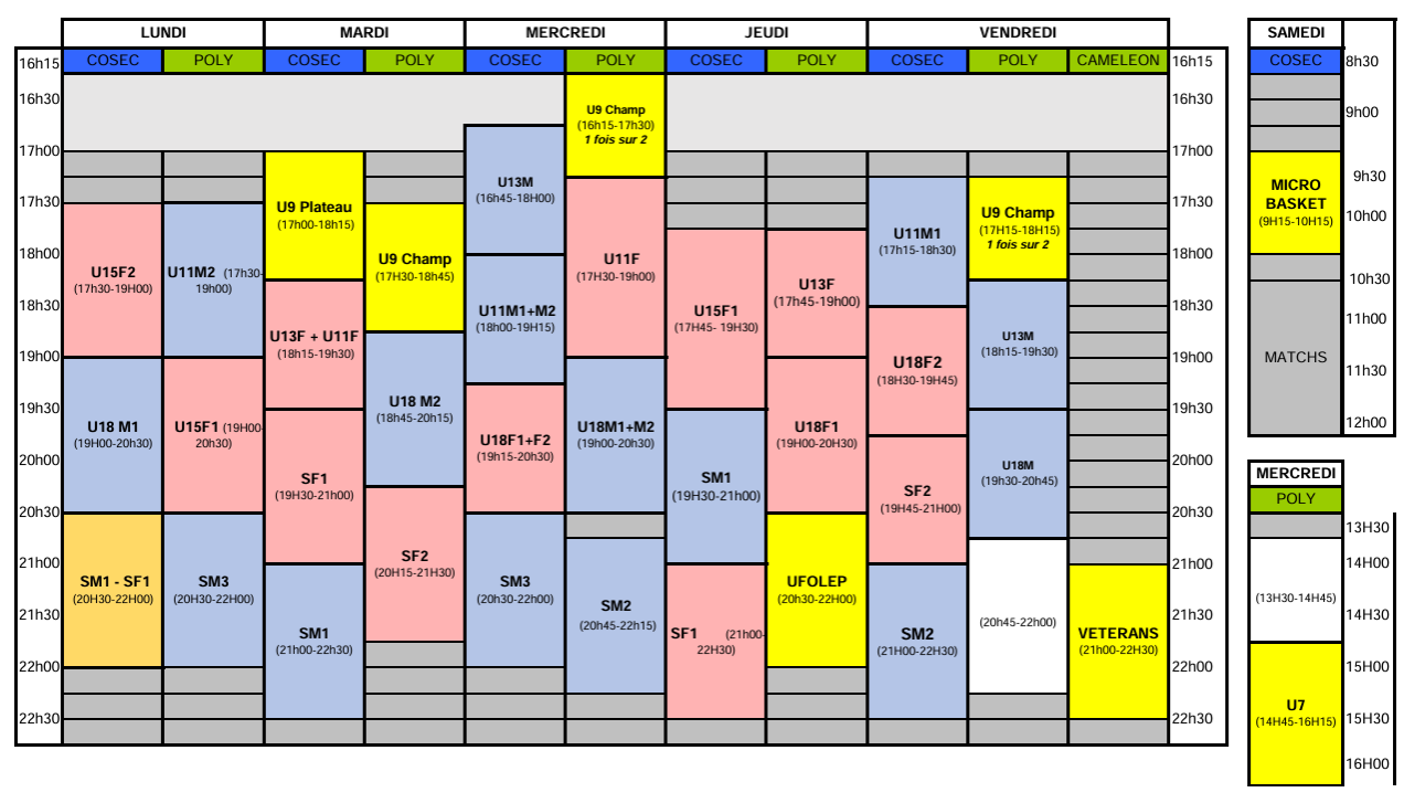Planning des entraînements 2026-2027